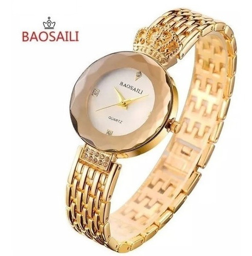 Relógio Feminino Luxo Strass Baosaili Banhado Coroa De Ouro