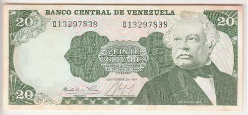 Billete Venezuela 20 Bolívares Septiembre 25 1984 Q8 Au/unc