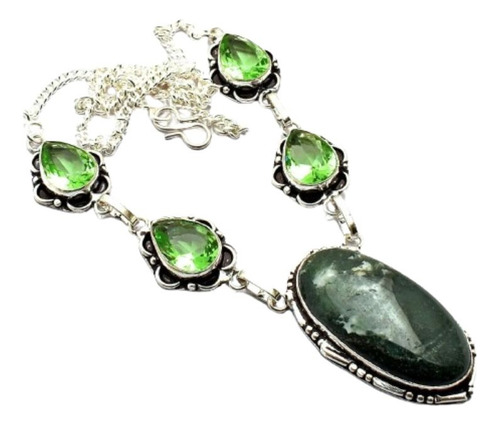 Collar Con Piedras Agata Musgosa Y Peridotos En Plata 925