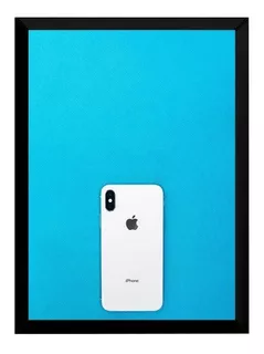 Quadro Decorativo Celular iPhone Moldurado Fundo Azul.