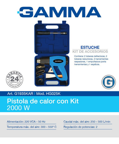 Imagen 4 de 9 de Pistola Calor Gamma G1935k 2000w Kit Maletin Accesorios Aire