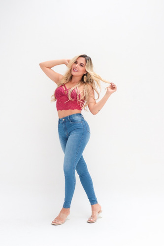 Imagen 7 de 10 de Jeans Tiro Alto Azul Medio Stretch Dama Skinny Levantacola