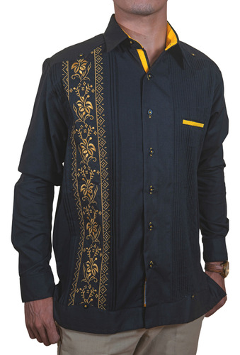 Guayabera Negra Modelo Calabaza Con Contrastes, Lino Flame