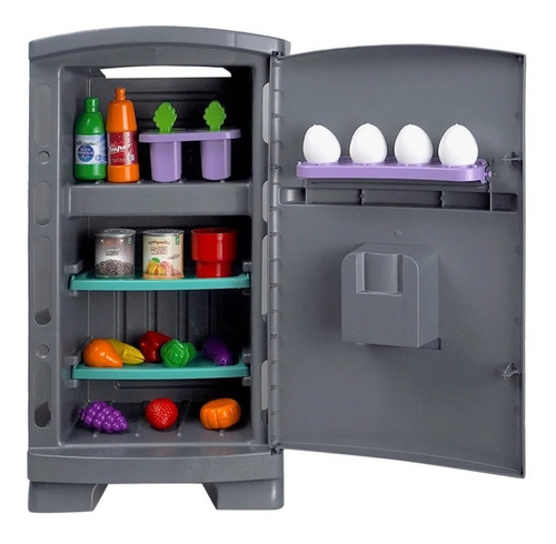 Heladera De Juguete Infantil Petit Gourmet + 24 Accesorios Color Gris Oscuro