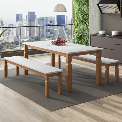 Conjunto Mesa 1,82m E 2 Bancos Rústico Corona - Ideal P/área Cor Mel/branco