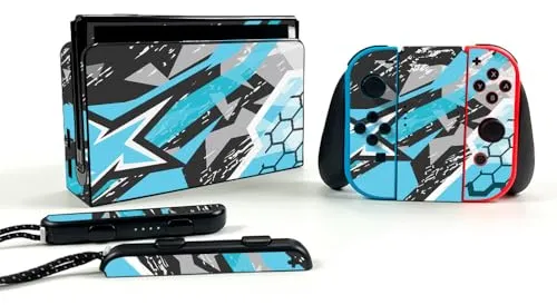 Gaming Skin Grunge Cyan Para Nintendo Switch Oled - Pack Fci