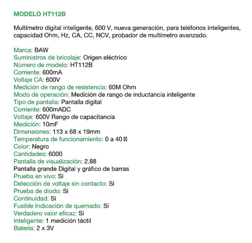 Imagen 4 de 10 de Multímetro Digital Inteligente 6000 Recuentos Baw Ht112b Pr