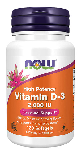 Vitamina D3, 2000 UI, alta potencia, Now Foods, 120 cápsulas blandas, sabor sin sabor