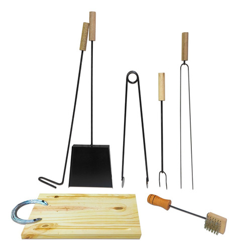 Kit Parrilla Pala Atizador Cepillo Tabla Asado Set ×7