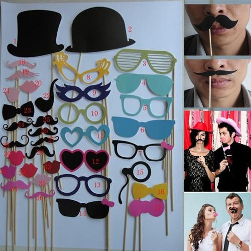 36pcs Diy Máscaras Fiesta Fotomatón Apoyos Bigote En Un Pali