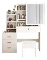 Comprar Lazydot Tocador Vanity Con Espejo Iluminado Luz Led Mueble Para Maquillaje Minimalista Niña Escritorio Con 4 Cajones Y Estantes De Almacenaje Para Recamara 100x35x140cm Blanco