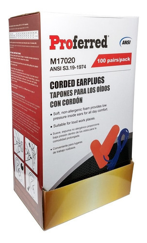 Tapones Auditivos Desechables Con Cordon Proferred 100 Pzs Color Naranja