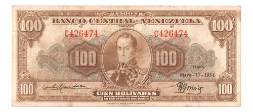 Billete De 100 Bs Mayo 1951 C6