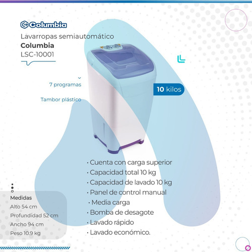Imagen 2 de 9 de Lavarropas Semiautomático Columbia Lsc-10001