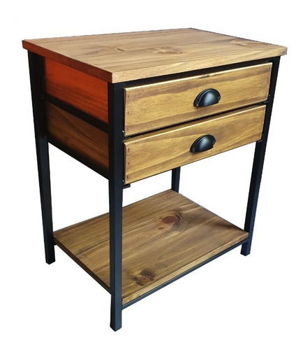 Imagen 1 de 6 de Mesa De Luz Industrial Con 2 Cajones Madera Maciza Hierro