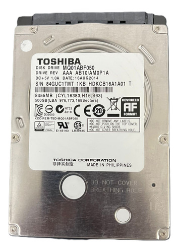 Disco Duro Toshiba 500 Gb Mq01abf050 2.5 Sata Plateado (Usado)