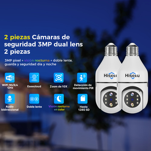 Hiseeu 2piezas Cámara De Seguridad Wifi Ptz 3mp Doble Lente 360