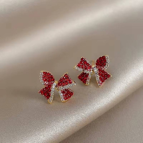 Aretes Pendientes Lazo Moño Cristales Rojo Moda Fiesta