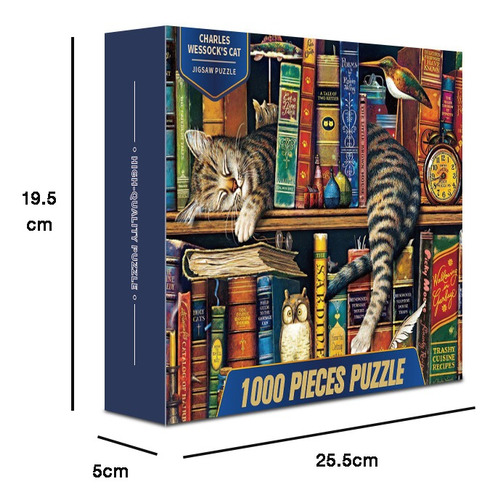 Rompecabezas De 70x50cm De Gato Y Libros, 1000 Piezas