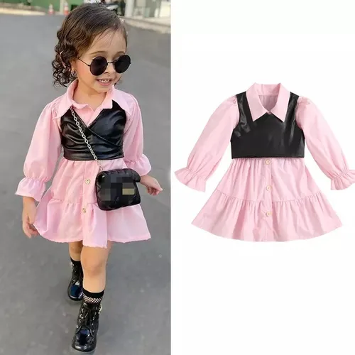 Vestido Corto O Blus n Rosado Para Ni a Con Chaleco Cuerina