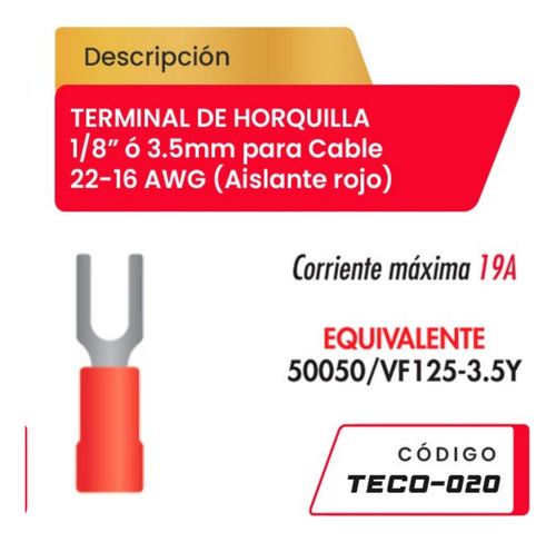 Terminal De Horquilla 1/8  Para Cable 22-16awg Teco-020
