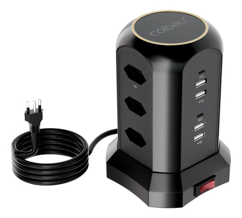 Torre Extensão 9 Tomadas 4 Usb 2 Type-c  Cor Preta