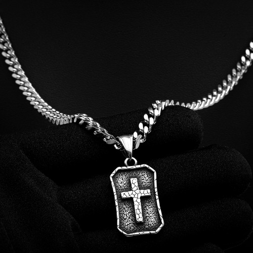 Corrente Colar Placa Cruz Masculino J-1433 Aço Inox Prata