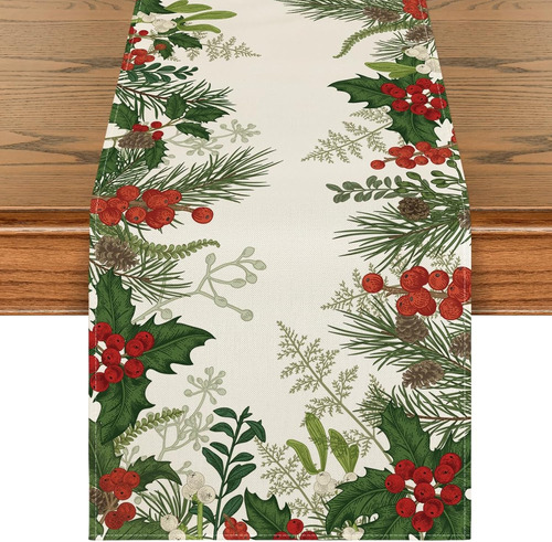 Camino De Mesa De Navidad Con Cono De Pino De Acebo