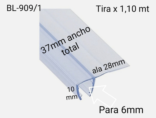 Burlete Mampara/vidrio/blindex/puerta 6mm-ala 28mm(1.10mt)