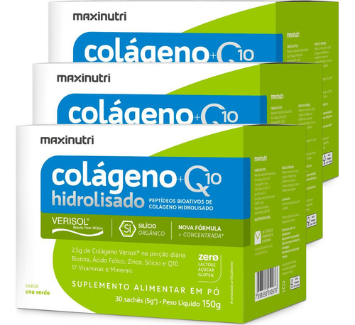 Kit 3 Colágeno Hidro Verisol + Q10 30x5 Uva Verde Maxinutri
