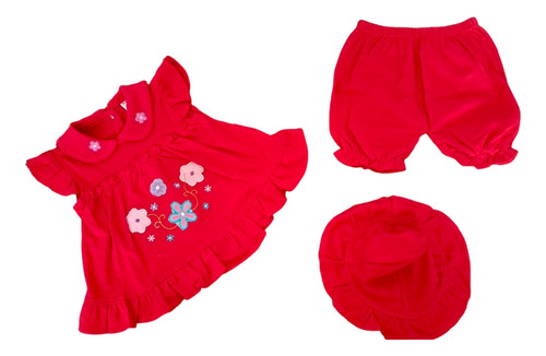 Conjunto Niña Vestido, Gorro Y Bombacha, Rojo Cuello Bordado