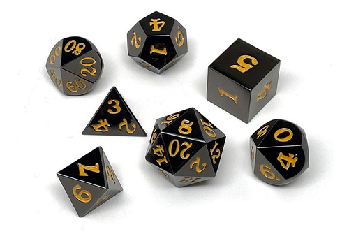 Gun Metal Juego De Dados De 7 Piezas - Signature Font - Oro