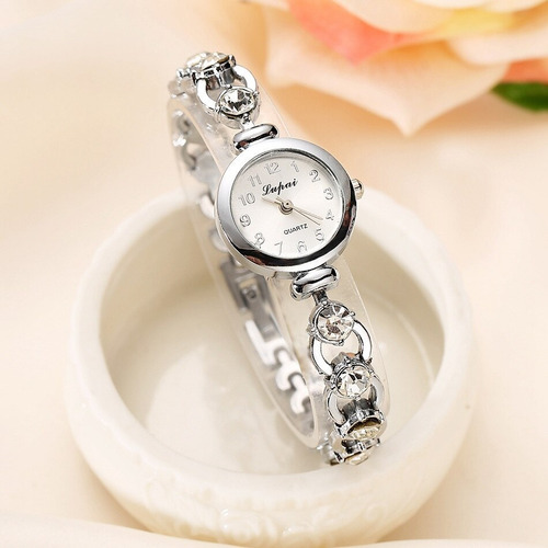 Kit Relógio Prata Feminino De Pulso Pedras Strass + Pulseira Correia Prateado Bisel Prateado Fundo Prateado