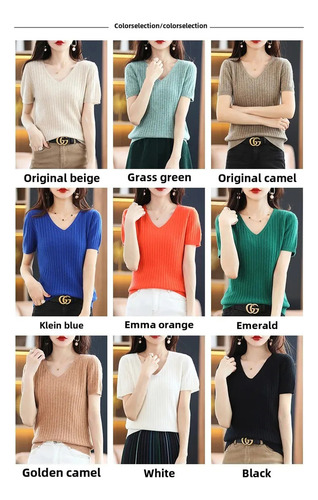 Top De Punto De Manga Corta Con Cuello En V Para Mujer