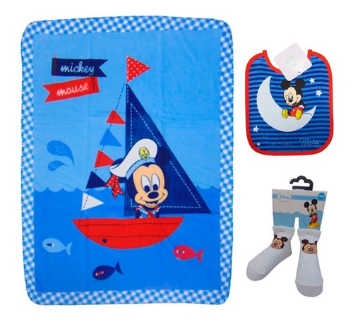 Set Frazada De Cuna + Babero + Medias Disney Mickey