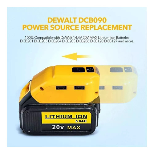 Adaptador De Bateria Dewalt, Dcb090, Com Luz De 20v