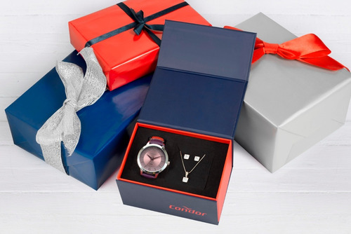 Relógio Feminino Prateado Condor Pulseira Em Couro Kit Jóias