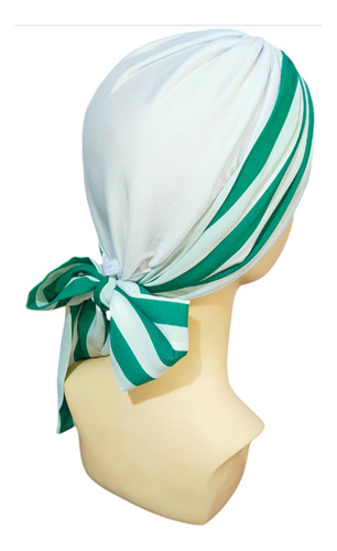 Turbante Para Mujer Gorro Dama Oncológico Quimio Alopecia Color Blanco Con Rayas Verdes
