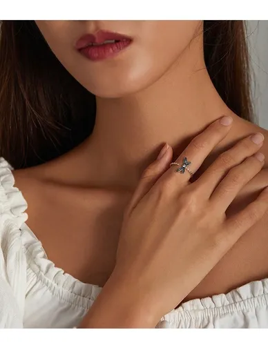 Anillo Plata 925 Ajustable Libélula Verde Joyas Regalo Mujer