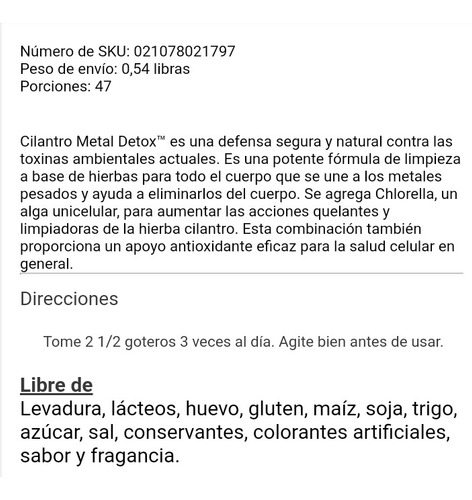 Imagen 2 de 3 de Detox Natural Líquido Chiorella Y Cilantro Elimina Metales