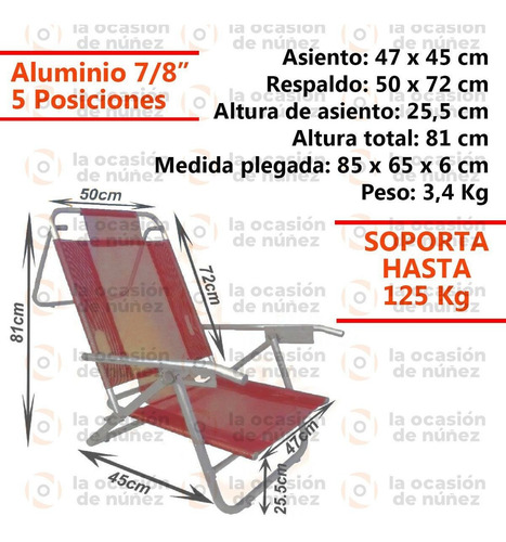 Imagen 2 de 6 de Reposera Sillon 5 Posiciones Aluminio Silla Baja Playa X 2 U