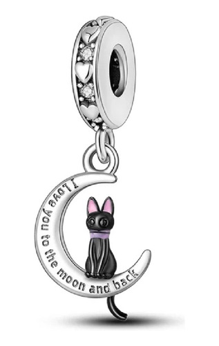 Charm Gato Negro Media Luna Circones Plata 925 Silver Heart