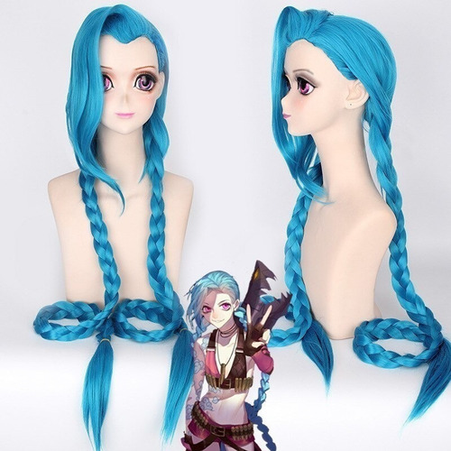 Pelucas De Juego Lol Cosplay Jinx 120 Cm Largo Azul Trenzas