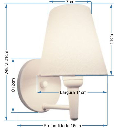 Arandela Parede Cone Vivare Md-2004 Base Preto Cúpula em Tecido Branco -