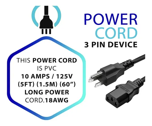 Cable Poder Corriente Fuentes De Poder Pc Monitor 1.5 Metros