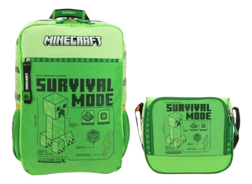 Mochila Minecraft Trecher Grande Chenson Más Lonchera 2pz Verde Claro Liso