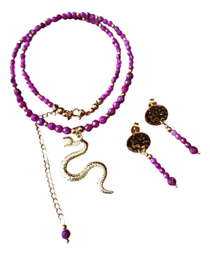 Conjunto Collar Con Serpiente Y Aros De Piedra Rubí Natural