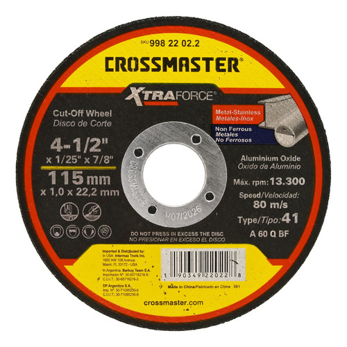 Pack X50 Disco Corte Amoladora 115mm X 1,0mm Crossmaster