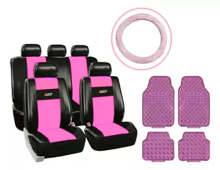 Funda Cubre Asiento Cuerina Rosa Auto + Alfombra + C Volante