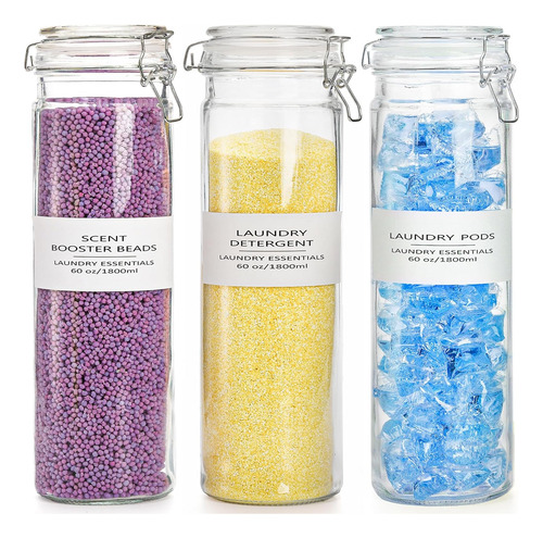 Juego De 3 Recipientes De Vidrio Para Lavandería De 60 Oz, C